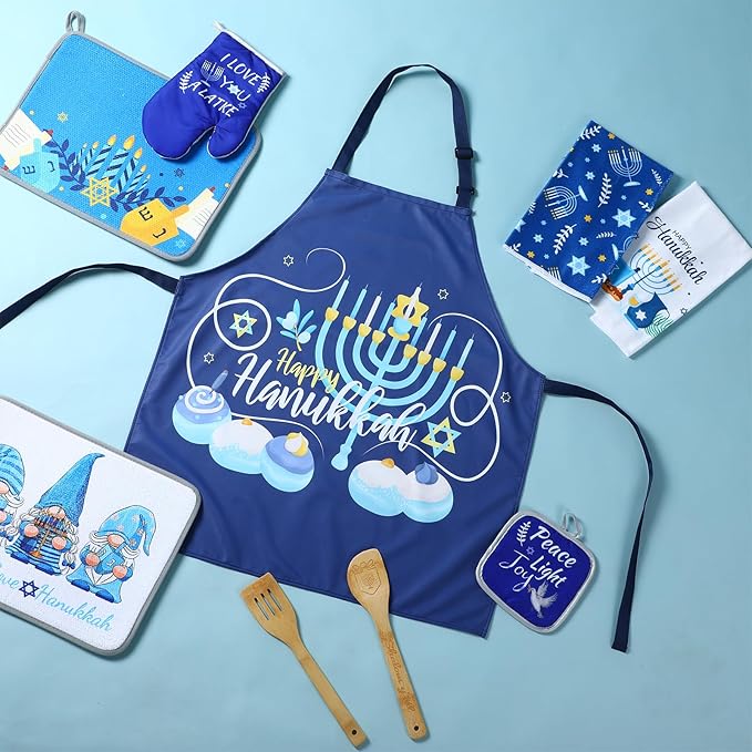 9 Pcs Hanukkah Kitchen Gift Include 1 Hanukkah Apron 2 Kitchen Towels 2 Wooden Spoons 1 Oven Mitts 1 Pot Holders 2 Dish Drying Mat Hanukkah Gifts for Home Decoration Chanukah Gift