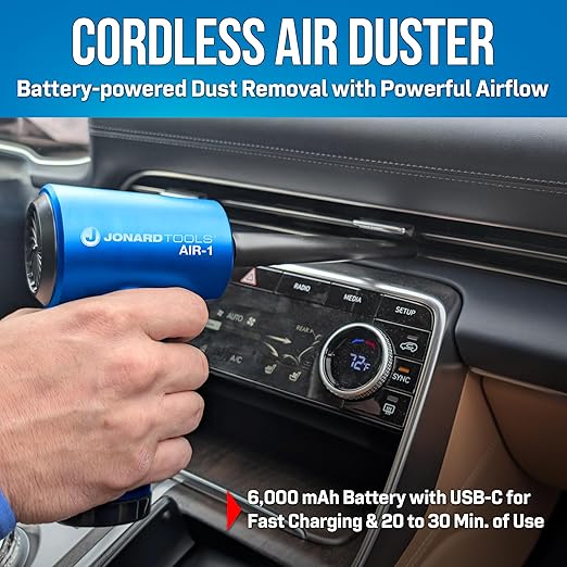 Jonard Tools AIR-1 Cordless Air Duster, 51,000 RPM Rechargeable Electric Air Blower, 3-Speed Cleaning Tool with LED Light & 5 Nozzles for Electronics, Keyboards, PC, Car, and Vents