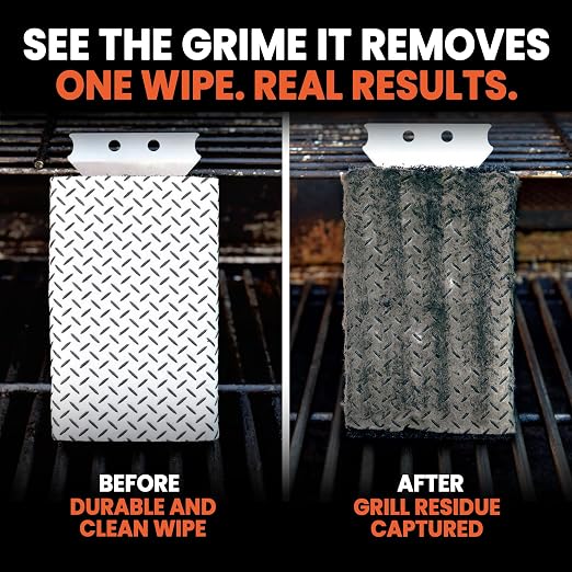 Proud Grill Q-Swiper BBQ Grill Cleaner Set - 1 Grill Brush with Scraper and 25 BBQ Grill Cleaning Wipes, Bristle-Free & Wire-Less, Safe Way to Remove Grease and Grime for A Clean and Healthy Grill