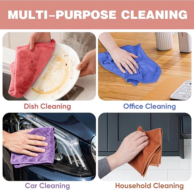 TEAWOO 10 Colors Microfiber Cleaning Cloths, 50 Pack Assorted Cleaning Rags, Highly Absorbent Microfiber Towels for Car, Kitchen, Bathroom and Household Cleaning, 11.8"X11.8"