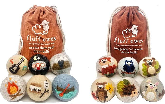 Fluff Ewes Premium Handmade New Zealand Reusable Wool Dryer Balls for Laundry, Baby, Anti-Static Alternative to Liquid Fabric Softener, Plastic Dryer Balls or Dryer Sheets, 12 pk Bundle, Camp/Hedgehog