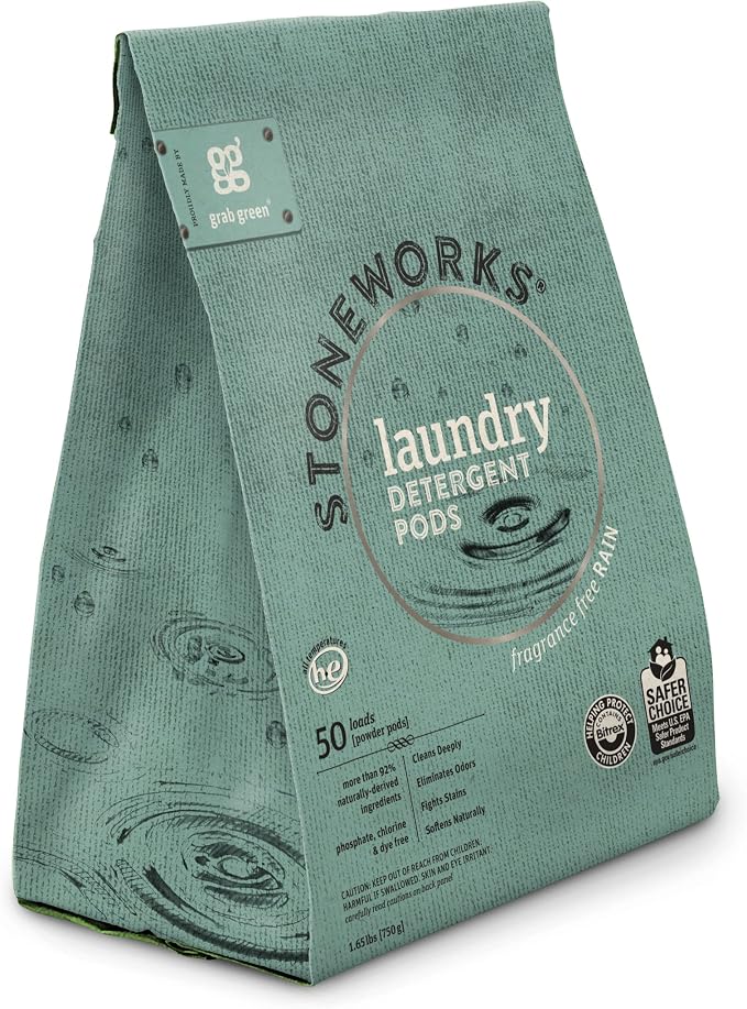 Grab Green Stoneworks Laundry Detergent Pods, 50 Loads, Fragrance Free | EPA Safer Choice; Plant & Mineral-Based; Fights stains; Eliminates odors; Softens naturally; No Harsh Chemicals