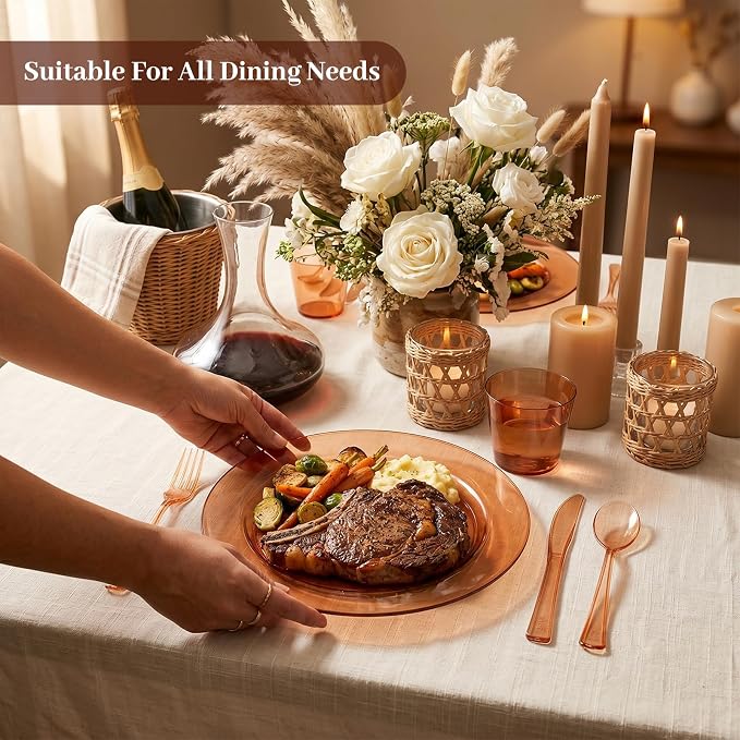DaYammi 350Pcs Clear Amber Dinnerware Set 50 Guest for Party Amber Plates Disposable - 50 Dinner Plate, 50 Dessert Plate, 50 Per Rolled Napkins with Cutlery, 50 Plastic Cups 9 OZ for Party Wedding