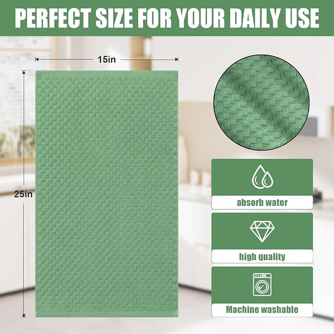 Homaxy 100% Cotton Terry Kitchen Towels(15" x 25", 8 Pack), Soft and Super Absorbent Dish Towels, 380 GSM Reusable Tea Towel with Hanging Loop, Pineapple Grid Designed, Grass Green