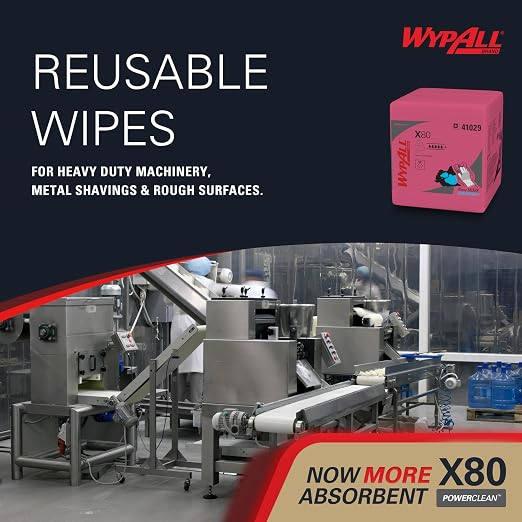 WypAll PowerClean X80 Cloths Heavy Duty Wipes (41029), Quarterfold, Extended Use Towels, Red (4 Packs of 50 Sheets, 200 Sheet Total)