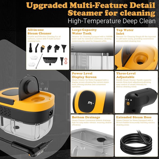 Steam Cleaner - 3-Level Adjustable Handle 15s Heat-Up - Steaming cleaner with 10pcs Accessories - Portable Steam Cleaner for Home for Car, Dirt, Grease, Grout, Tile, Floor, Couch, Furniture-Yellow