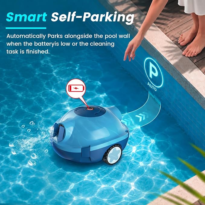 Y10 Robotic Pool Cleaner,Cordless Pool Vacuum with 150 Mins Runtime,High Efficiency Dual Suction Power,Self-Parking&Smart Navigation for Above-Ground & Flat Inground Pools up to 1300 sq.ft (Indigo)