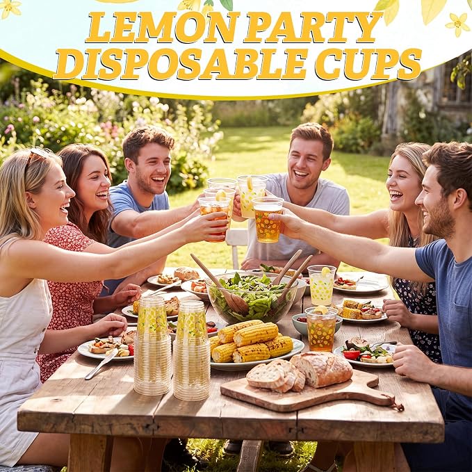 Qinyoung 100 Pcs Plastic Cups 12oz Disposable Cups Bulk Drinking Cup for Cold Drinks Baby Shower Wedding Birthday Valentine's Day Party Supplies (Lemon)