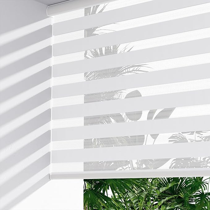 LazBlinds Cordless Zebra Blinds for Windows 29.5"x72", White | Free-Stop Roller Windows Shades with Cassette, Light Filtering Dual Layer Sheer Shades for Home and Office