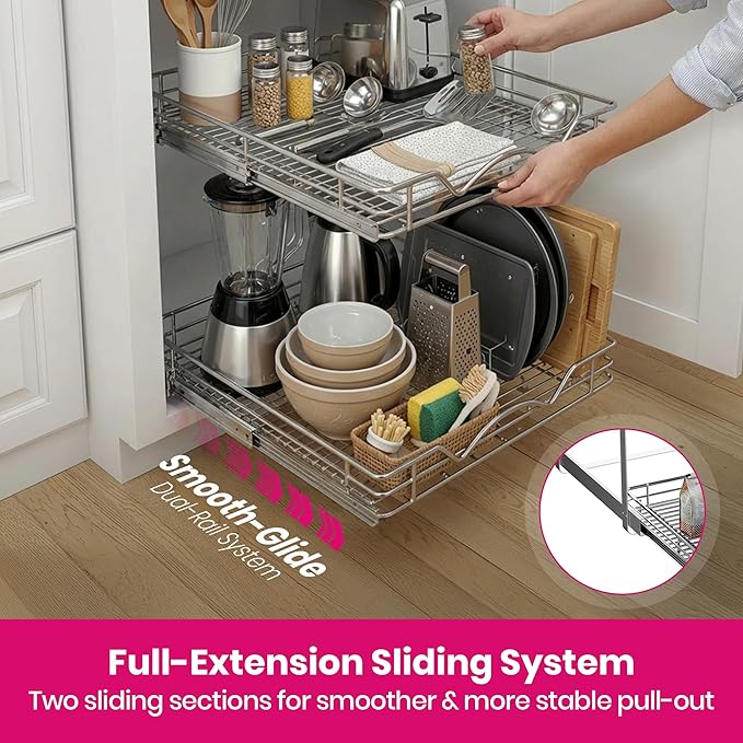2-Tier Pull-Out Cabinet Organizer with Heavy-Duty Steel Frame, Full-Extension Sliding Shelves, Holds 100 lbs, Easy Install for Kitchen, Pantry & Under Sink Cabinets, 11" W x 21”D x 16.5" H