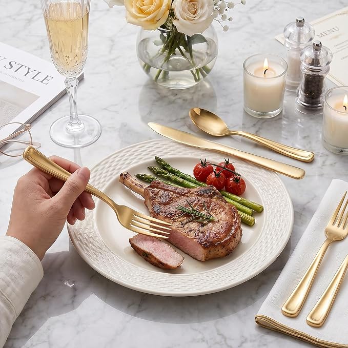 WDF 160 Piece Gold Plastic Silverware - Heavy Duty Gold Silverware Includes 80 Forks, 40 Spoons, 40 Knives, Plastic Utensils Perfect for Wedding, Christmas Party