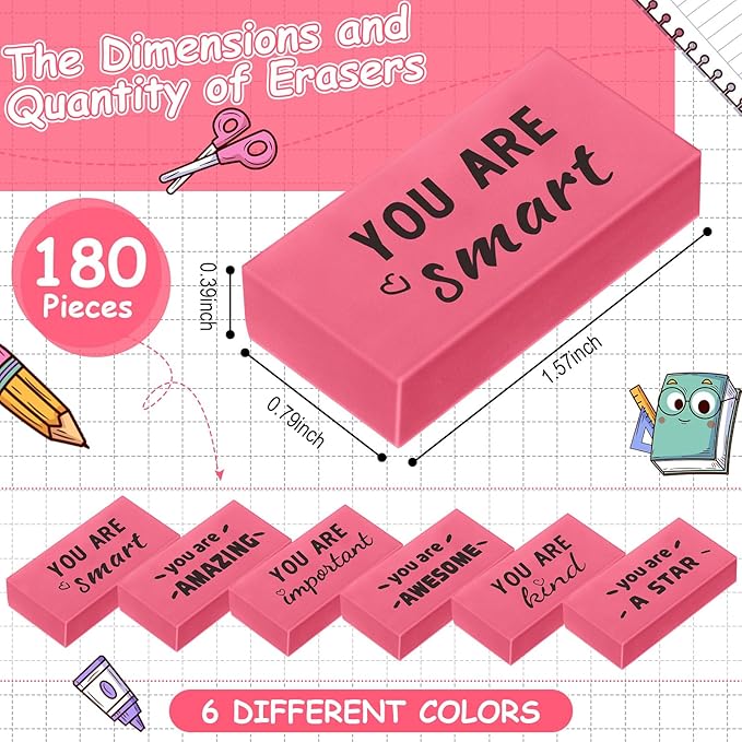 Resurhang 180 Pcs Erasers Bulk for Kids Inspirational Pencil Erasers Bulk for Drawing Motivational Big Eraser School Supplies for Classrooms Back to School Office (Motivational,Pink)