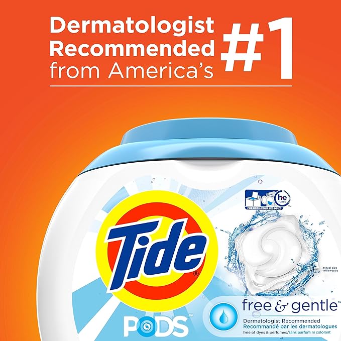 Tide PODS Free and Gentle, Laundry Detergent Soap PODS, HE, 96 Count - Unscented and Hypoallergenic for Sensitive Skin, Free and Clear of Dyes and Perfumes