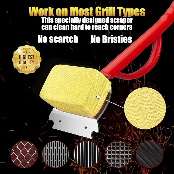 Grill Brush Bristle Free with Scraper, 22" Extra Long Outdoor BBQ Replaceable Cleaning Head, Safe Barbecue Cleaner Tool for Cast Iron or Stainless-Steel Grates