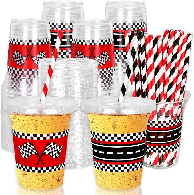 FYSUIMU 50Pcs Race Car Birthday Disposable Plastic Cups with Lids and Straws 12Oz Red Black Checkered Flag Race Track Cold Beverage Drink Cups for Racing Car Party Supplies
