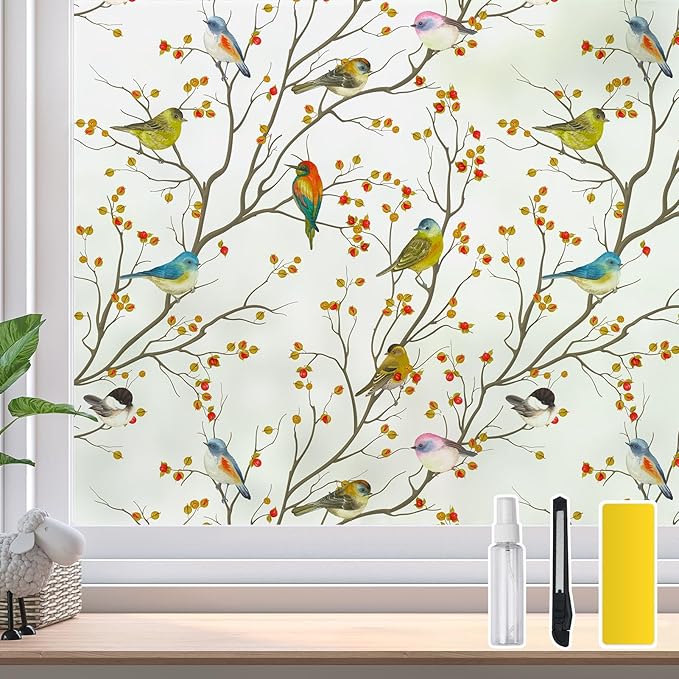 DKTIE Window Privacy Cling Film with Installation Tools, Stained Glass Opaque Non-Adhesive Frosted Bird Coverings Removable for Bathroom Shower Door Frosted (S3533, 29.5in X 78.7in)
