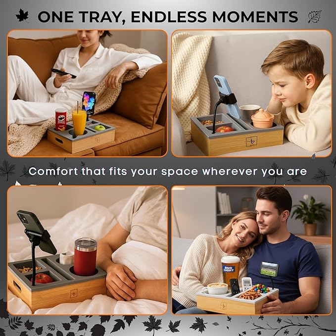 Couch Caddy with Cup Holder | Wood Couch Cup Holder Tray for Drinks, Snacks & Remotes | Couch Tray for Bed, Car Seat & Beach Organizer (Grey)