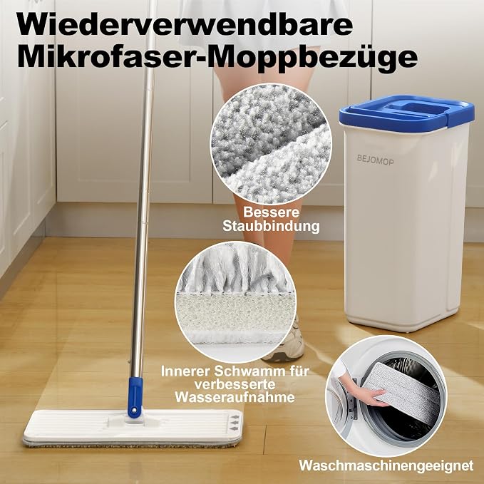 Mop and Bucket Set, 60" Long Handle Mops for Floor Cleaning, Squeeze Flat Mop and Bucket System, Dry & Wet Dust Mops for Household Floor Cleaning with 3 Microfiber Mops, Slate Blue