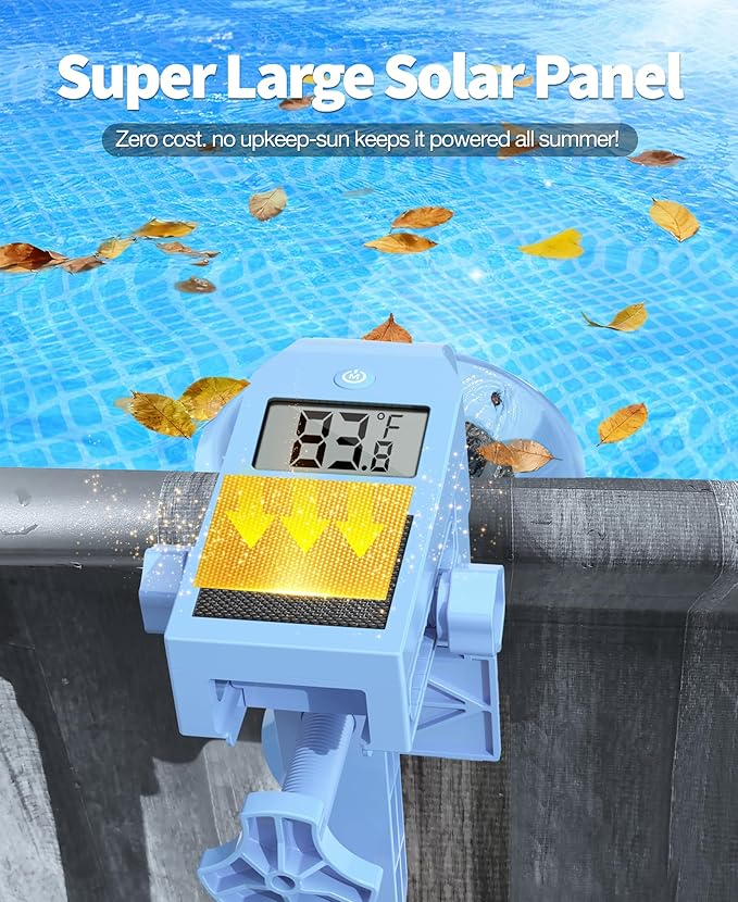 DeeprClean Newly Above Ground Pool Skimmer with Solar Digital Thermometer, Wall Mount Surface Skimmer with Adjustable Height Bracket, Auto Skimming for Pool Surface Floating Leaves & Debris-LightBlue