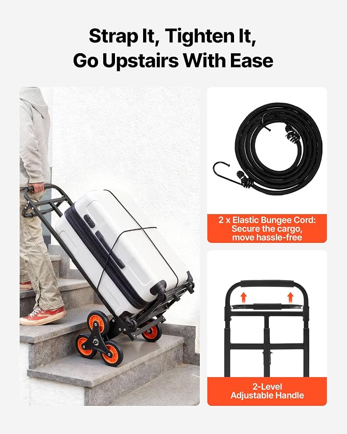 VEVOR Stair Climbing Dolly 460 lbs, Heavy-Duty Folding Trolley Cart for Stairs with Telescoping Handle, 6 Wheels & 2 Ropes, Stair Climber Dolly for Home, Groceries, Warehouse