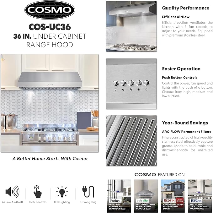 COSMO UC36 36 in. Haven Collection 380 CFM Ducted Under Cabinet Range Hood, LED Lights, Button Controls, Stainless Steel