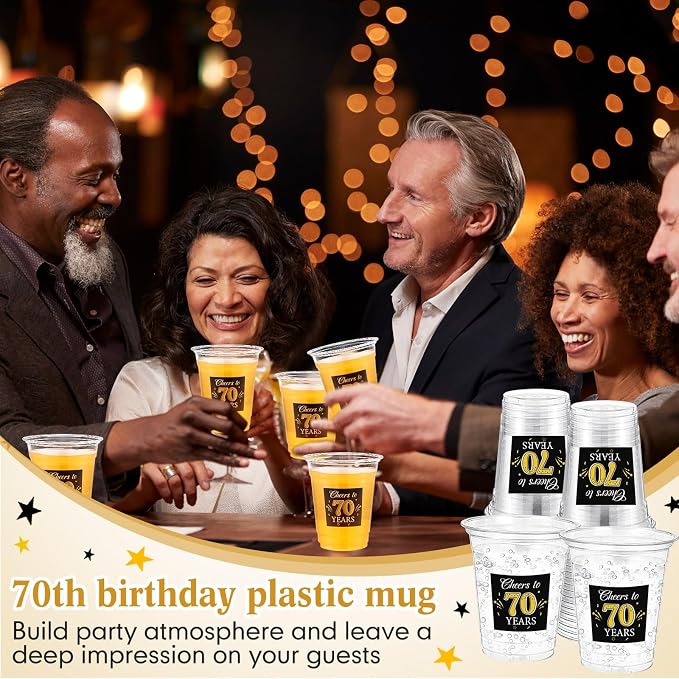 Funnymoom 100 Pack 70th Birthday Cup 12 oz Cheers to 70 Years Happy Birthday Disposable Clear Plastic Cups for Him Men Women Wedding Anniversary Decorations Party Favors