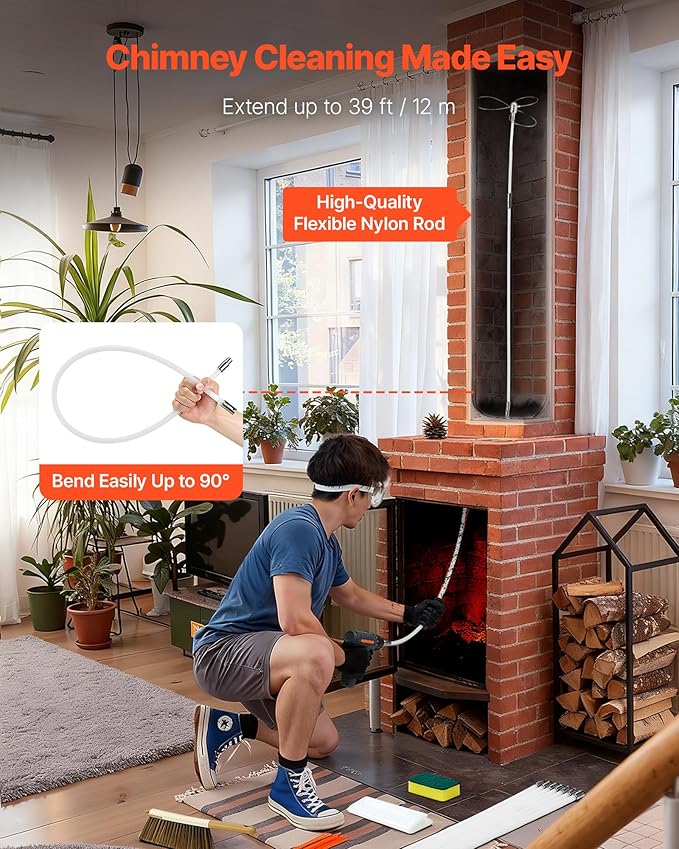 VEVOR Chimney Sweep Kit, 39 ft Maximum Extendable Length Chimney Brush, Chimney Cleaner Sweeper with Dual Brush Heads & Bristle Replacements, Fireplace Cleaning Tool for Square, Rectangle Chimneys
