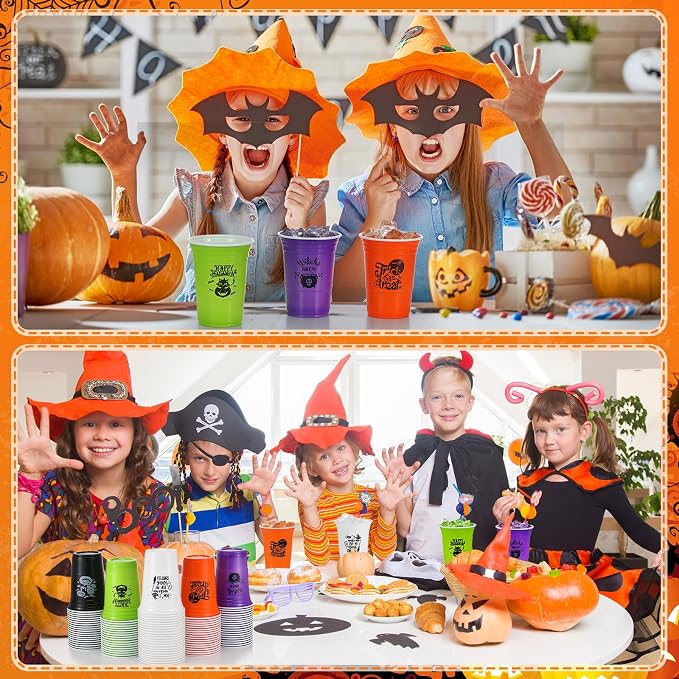 Lallisa 50 Pcs Halloween Plastic Cups 16 oz Disposable Halloween Party Cups Funny Pumpkin Ghost Skull Cat Drinking Tumbler Drinkware for Holiday Party Favors Supplies Family Dinner Decor