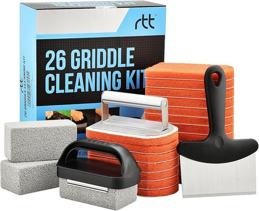RTT Griddle Cleaning Kit for Blackstone 26 Pieces - Heavy Duty Grill Cleaner Kit with Grill Stone, Griddle Scraper, & Griddle Brush with Stainless Steel Handle - Easy to Use Flat Top Cleaning Kit