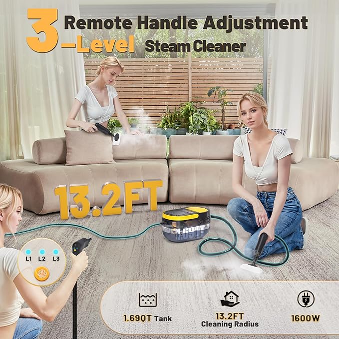 Steam Cleaner, 3 Level Adjustable Handle, 15s Heat Up, 1.69 Quarts Tank, Portable Steamer for Cleaning with 15 pcs Accessories, Steam Cleaner for Home for Dirt, Grease, Grout, Tile,Floor, Car