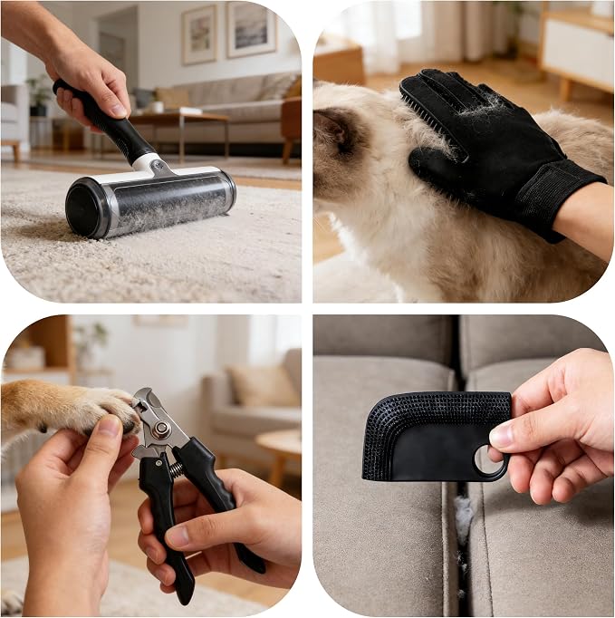 Pet Hair Remover Roller 5-Piece Grooming Kit for Dogs & Cats, Reusable Fur Remover for Couch, Carpet, Clothes, Grooming Glove, Lint Roller, Nail Clipper & Cleaning Brush | 5-PIECE PET CLEANING KIT: Reusable hair roller, grooming glove, lint roller, nai...