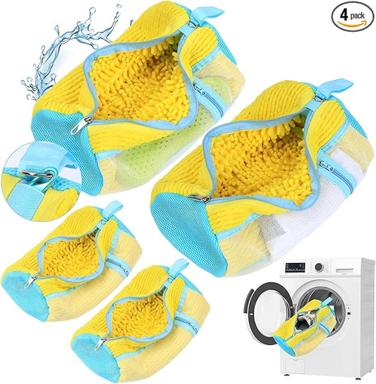Shoe Washing Machine Bag, 4 Pack Shoe Cleaning Bag for Washer and Dryer, 360° Deep Cleaning Reusable Shoes Laundry Bags for Sneakers with Zipper Protection and Side Mesh Pouch, Yellow