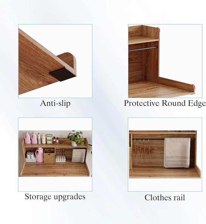 Unionly 2-Tier Washer Dryer Countertop with Clothes Rail，Laundry Topper with Edge and Non-Slip Pad for Washer and Dryer Laundry Hamper Counter Storage Organization (Light Oak Brown, Full)