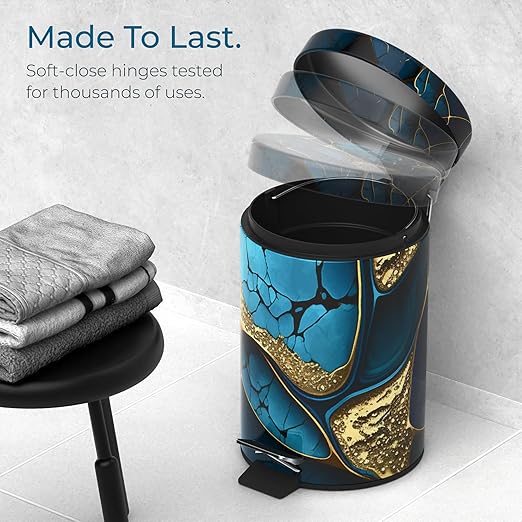 Sanilo Small Bathroom Trash Can with Lid [1.3 Gallon] - Lidded Tiny Trashcan for Garbage - Mini Metal Bin with Soft Closing Mechanism - Bath Room Accessoire Wastebin with Inner Bucket (Marble Cobalt)