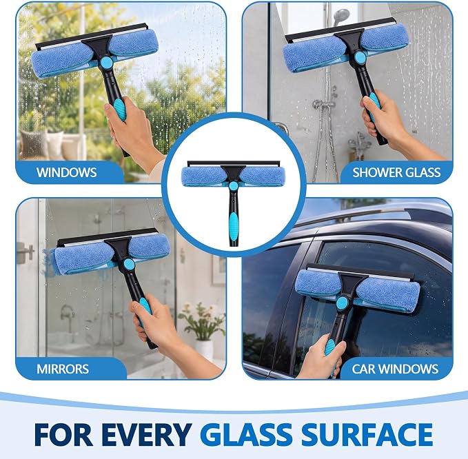 4 Pcs 11" Swivel Window Squeegee and Microfiber Scrubber 2 in 1 Cleaning Washer Cleaner Supplies for Windows, Shower Rooms, Car Windows, Without Extension Pole