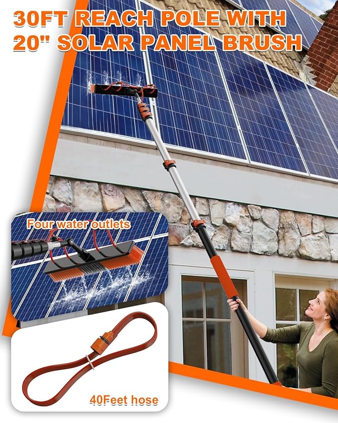 30Ft Reach Solar Panel Cleaning Brush Kit with 5-24ft Telescoping Pole, Water Fed Window Cleaner Tool with 20" Brush, Soap Dispenser, Cobweb Duster, Squeegee for Roof, CV, Gutter, Boat, Deck