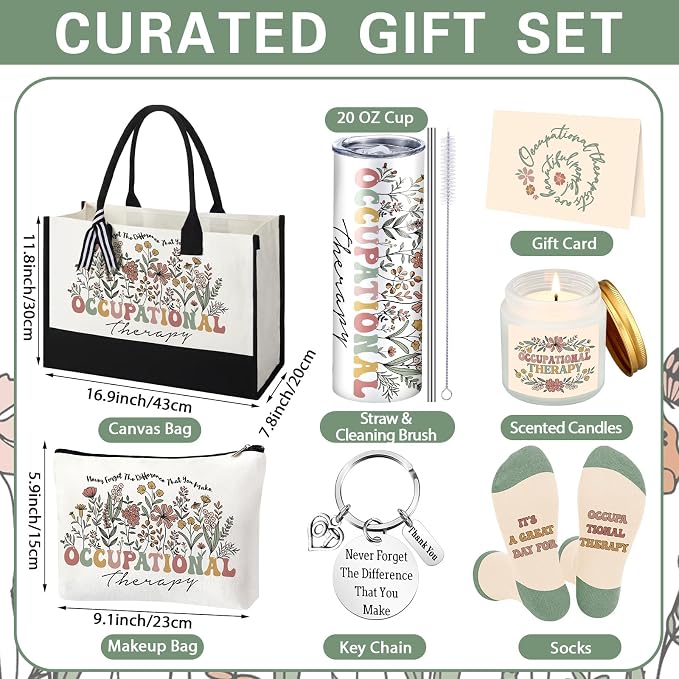Patelai 7 Pcs Occupational Therapy Gifts for Women 2026 Ot Gifts with 20 oz Tumbler Canvas Tote Bag Makeup Bag Occupational Therapist Speech Appreciation Gift Set for National Ot Month