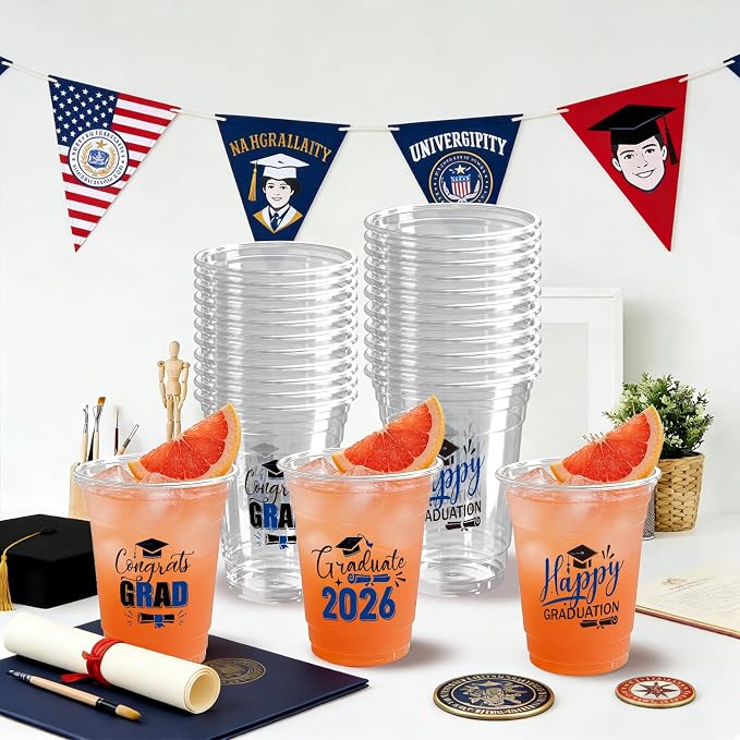 100 Pack Graduation Plastic Cups 12 oz Blue Disposable Class of 2026 Decorations Graduation Party Favor Drinking Beverage Cup for Party Supplies Decorations