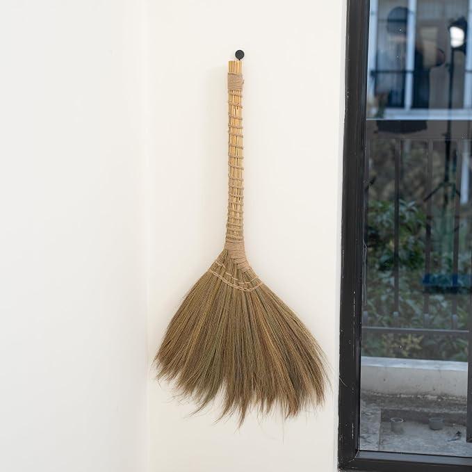 Outdoor Broom for Floor Cleaning, 43.3'' Length Heavy-Duty Natural Grass Broom for Sweeping Concrete Courtyard Garage Patio Indoor Home Kitchen Office Lobby