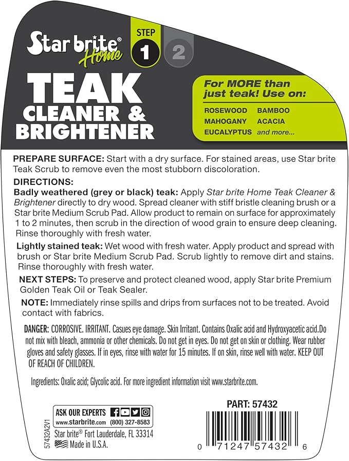 STAR BRITE Teak Cleaner & Brightener Gel Spray - 32 OZ - Vertical Surface Stick Formula - Prepares Wood for Oil & Finishes