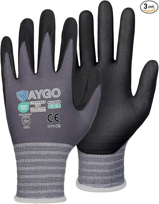 KAYGO Safety Work Gloves MicroFoam Nitrile Coated, 3 Pairs KG18NB,Seamless Knit Nylon Glove for Men and Women, Ideal for Automotive,Warehouse,Construction (X-Large,Gray)