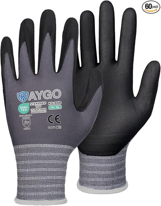 KAYGO Safety Work Gloves MicroFoam Nitrile Coated, 60 Pairs KG18NB,Seamless Knit Nylon Glove for Men and Women, Ideal for Automotive,Warehouse,Construction (X-Large,Gray)