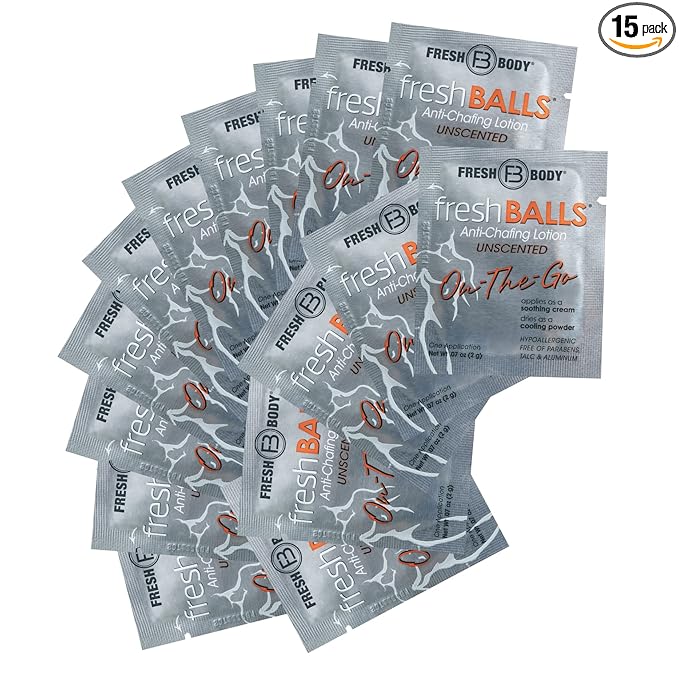 Fresh Balls On-The-Go Anti Chafing Lotion, 0.07oz Travel Size (15 Pack) Ball Deodorant for Men and Soothing Chafing Cream to Powder Hygiene for Groin Area by Fresh Body