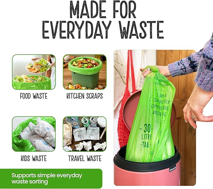 Eco Green Living 100% Compostable Biodegradable Bin Liners 30L Bin Bags For Food Waste, Kitchen Tall Bin Liners, Vegan, Strong, Leakproof, BPA Free, Recyclable, 6 Rolls, 108 Bags