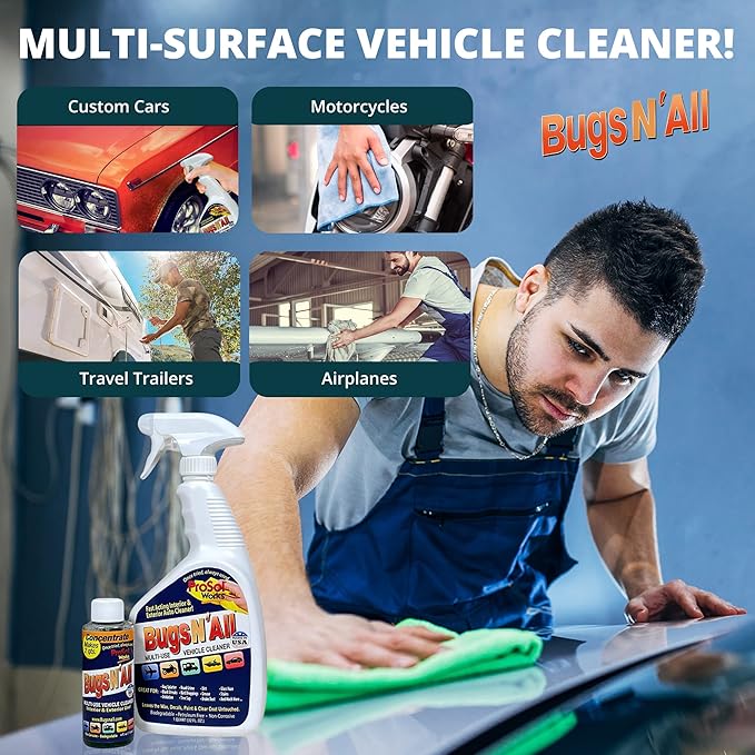 Bugs N' All Multi Surface Cleaner Spray Concentrate 4 oz. w/Empty Cleaning Spray Bottle 32 oz. & Bug Sponge for Car Washing - Mutli-Vehicle Cleaning - Bug & Tar Remover for all Vehicles