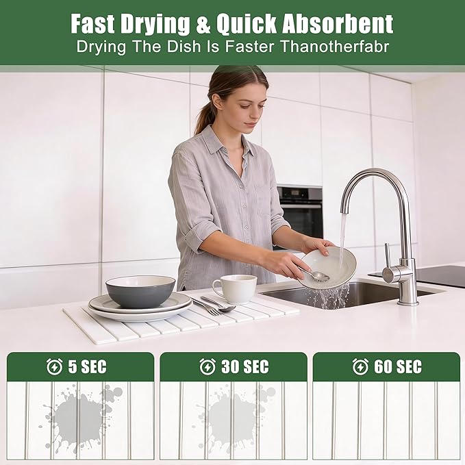 Large Stone Drying Mat for Kitchen Counter, 24"×16", Foldable Super Absorbent Stone Dish Drying Mat for Tableware, Bottles and Cups, Non Slip Diatomaceous drying matt kitchen counter (White)