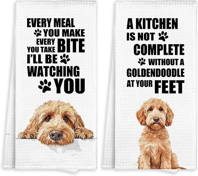 Goldendoodle Kitchen Towel Gifts for Dog Lovers Decorative Set of 2, Golden Doodle Dish Towels Dishcloths Tea Towels, Doodle Waffle Weave Microfiber Hand Towel for Kitchen Bathroom Decor 16x24