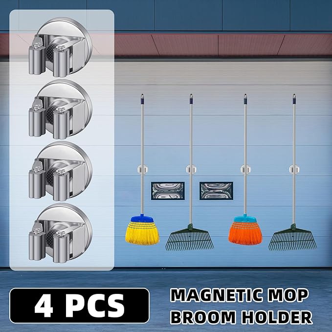 Vercraft 4 Pcs Magnetic Mop Broom Holder Movable Magnetic Broom Holder Rack, Anti Slip Wall Mounted Utility for Cleaning Tools, Garage, Kitchen, Laundry, Garden (Silver)