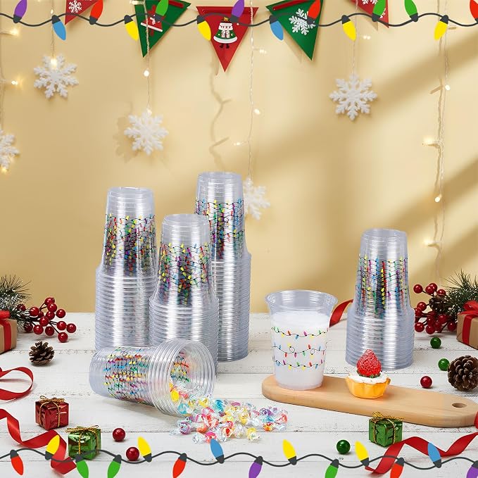 Jingmore 100 Pcs Strawberry Disposable Cups 16 oz Clear Plastic Drinking Cups Bulk for Spring Summer Holiday Birthday Wedding Juice Hot Cold Drinks Party Supplies(Christmas Lights)