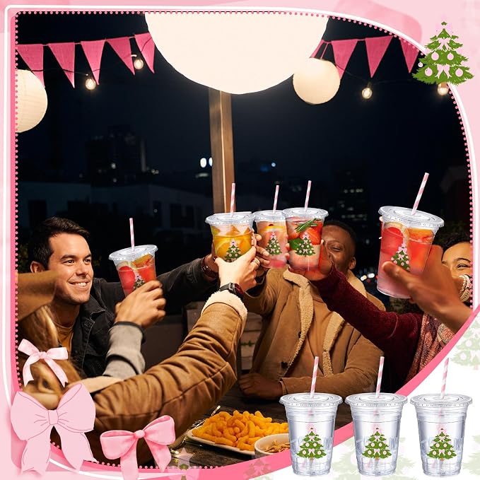 Sliner 50 Pcs 16 oz Coquette Disposable Plastic Cups with Straw for Party Supplies Bow Cups Birthday Wedding Bridal Engagement Party Drinkware Baby Shower Decoration (Christmas Tree)